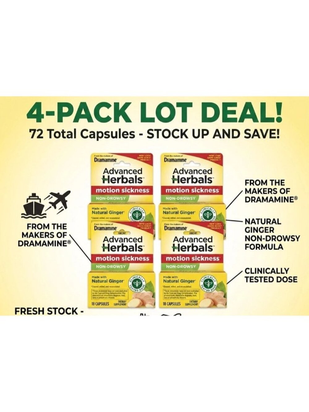 4 PACK Dramamine Advanced Herbals Non-Drowsy Motion Sickness Relief 72ct EXP5/26